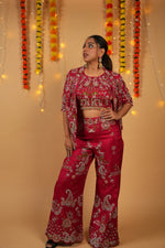 Load image into Gallery viewer, Red Raw Silk Embroidered Jacket–Bustier–Pant Set