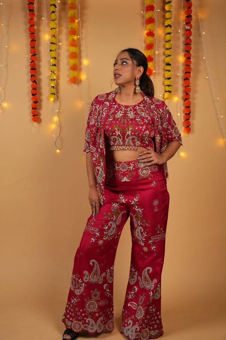 Red Raw Silk Embroidered Jacket–Bustier–Pant Set