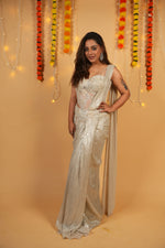 Load image into Gallery viewer, Steel Grey Pearl-Embellished Draped Saree