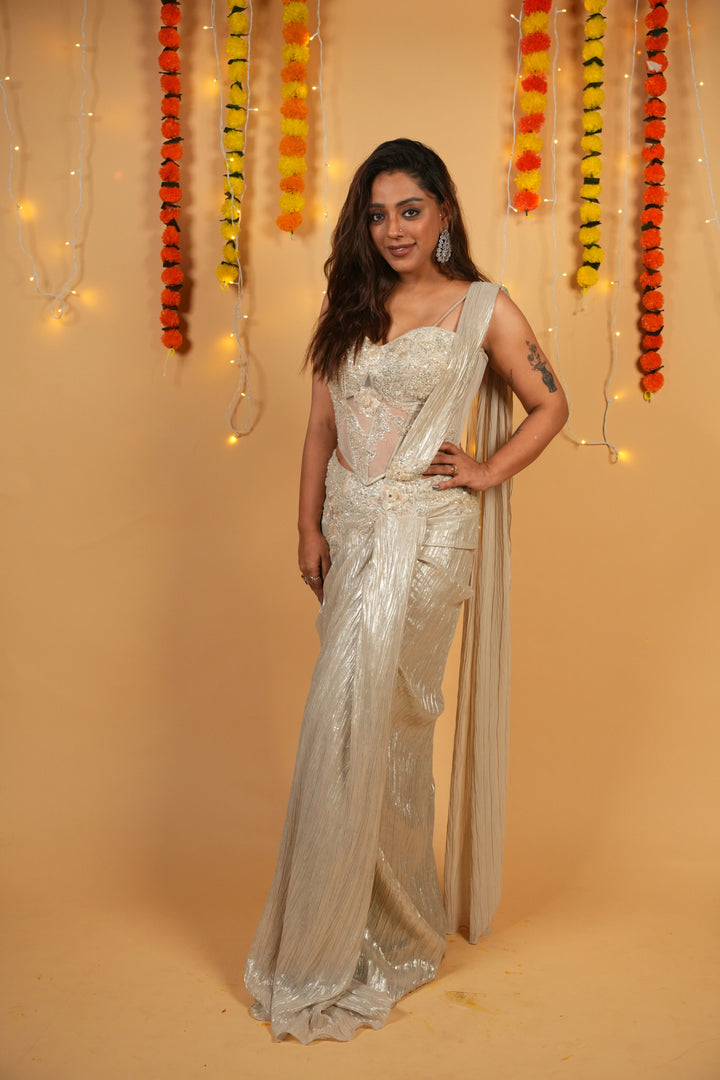 Steel Grey Pearl-Embellished Draped Saree