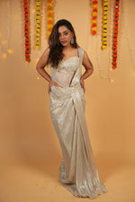 Load image into Gallery viewer, Steel Grey Pearl-Embellished Draped Saree