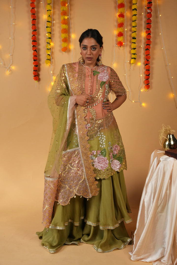 Green Raw Silk Embellished Dress with Satin Organza Bottom & Organza Dupatta