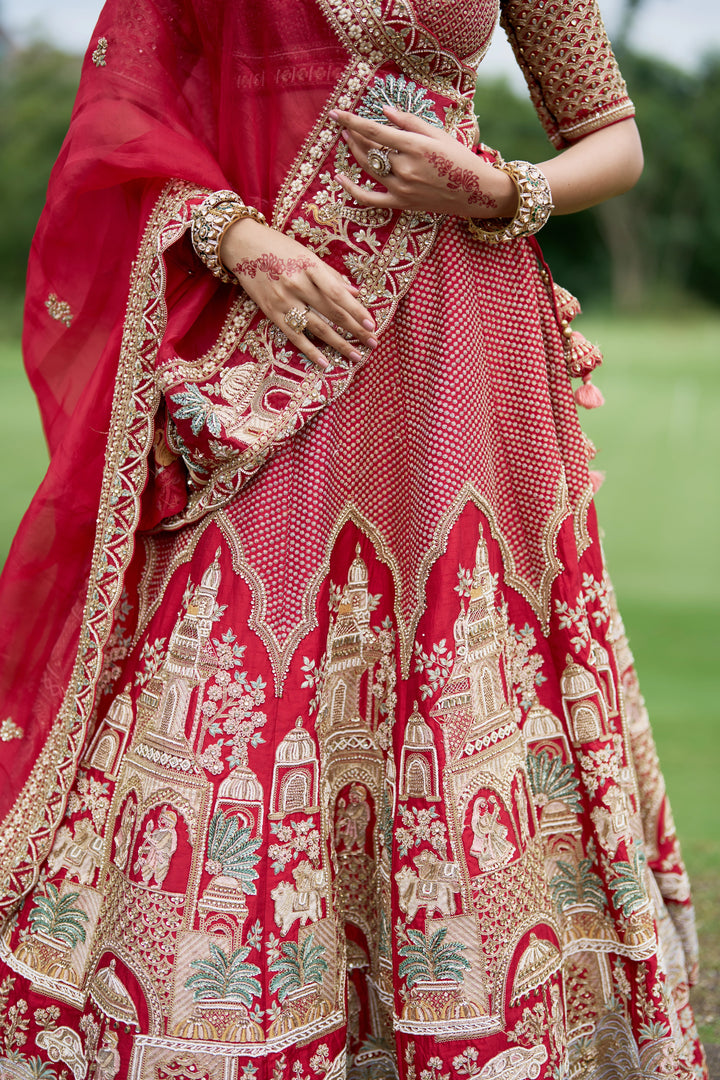 Raw Silk Hand-Embellished Lehenga Set with Organza Dupatta