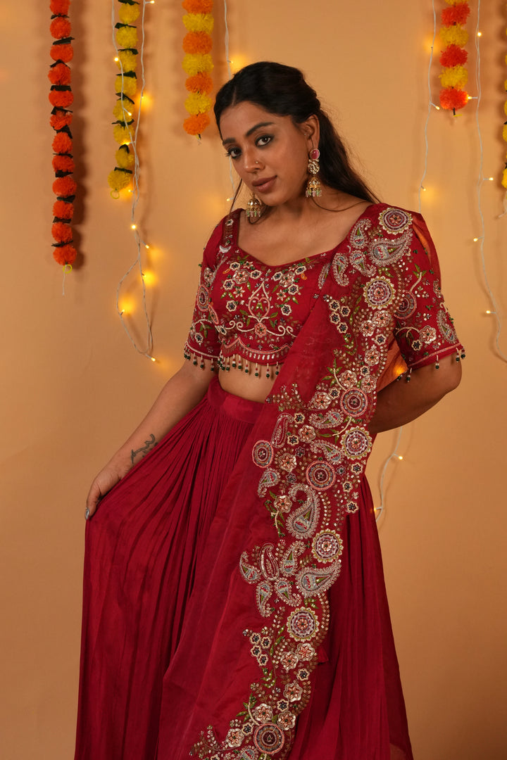 Raw Silk Embroidered Ghagra Set with Organza Dupatta