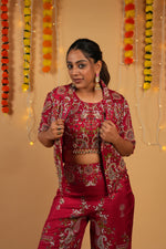 Load image into Gallery viewer, Red Raw Silk Embroidered Jacket–Bustier–Pant Set