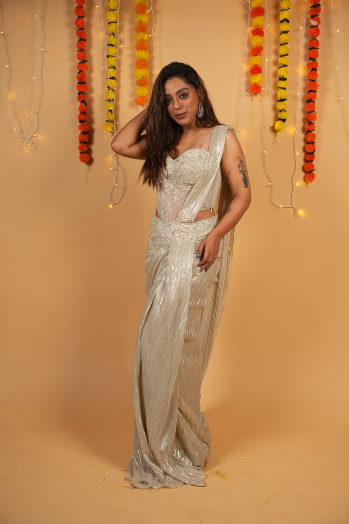 Steel Grey Pearl-Embellished Draped Saree