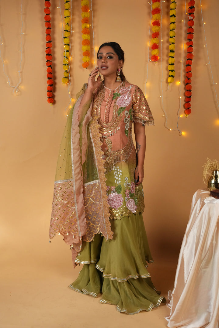 Green Raw Silk Embellished Dress with Satin Organza Bottom & Organza Dupatta