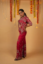 Load image into Gallery viewer, Red Raw Silk Embroidered Jacket–Bustier–Pant Set