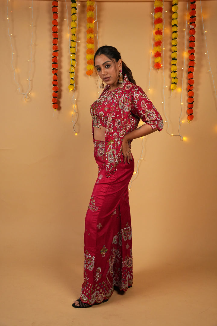 Red Raw Silk Embroidered Jacket–Bustier–Pant Set