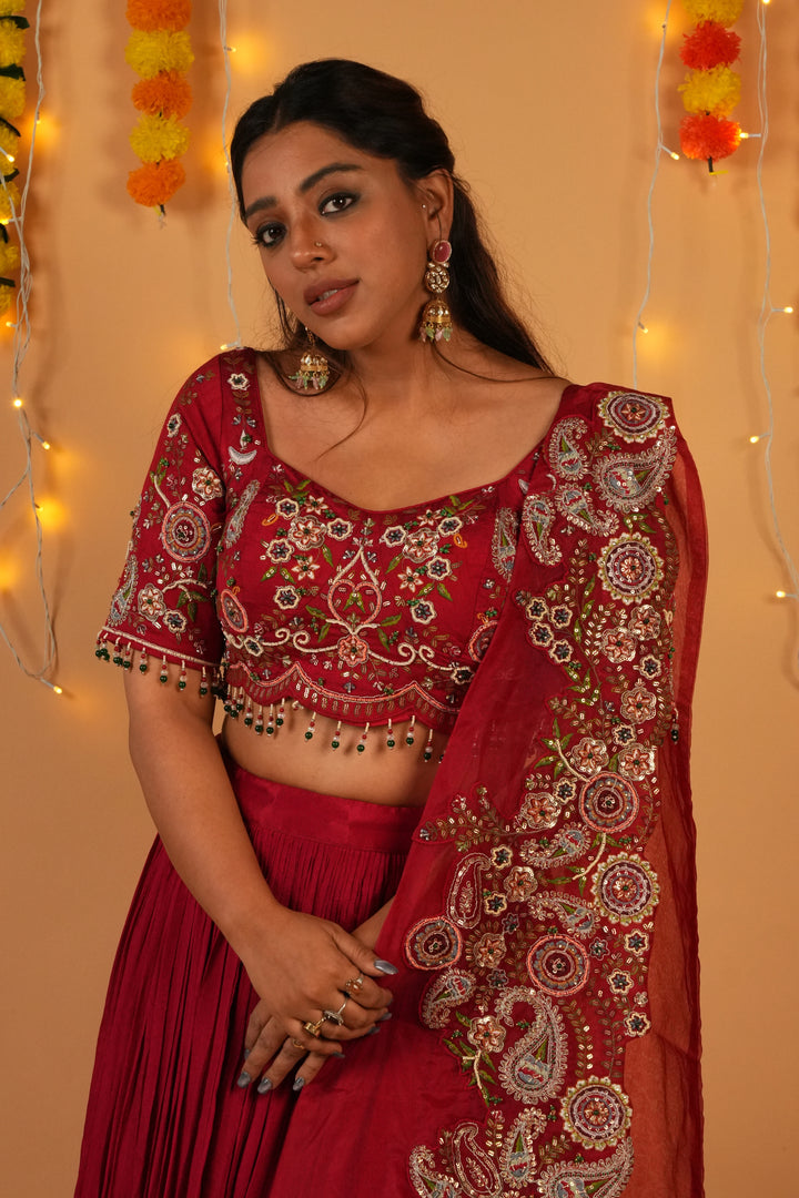 Raw Silk Embroidered Ghagra Set with Organza Dupatta