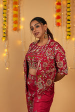 Load image into Gallery viewer, Red Raw Silk Embroidered Jacket–Bustier–Pant Set