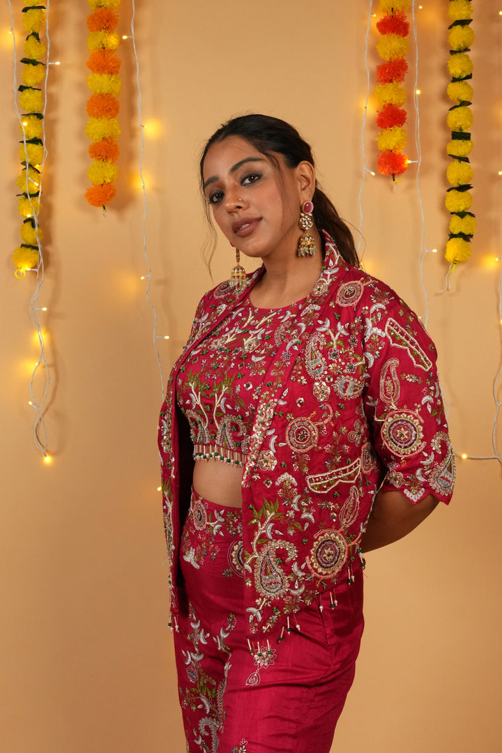 Red Raw Silk Embroidered Jacket–Bustier–Pant Set