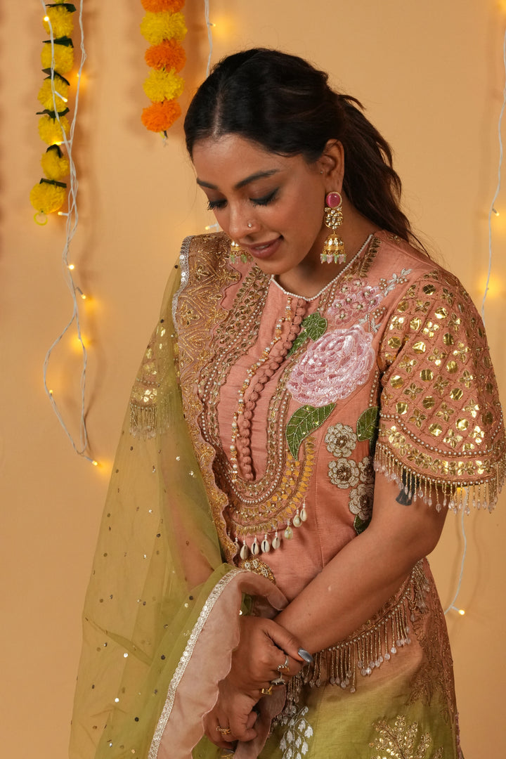 Green Raw Silk Embellished Dress with Satin Organza Bottom & Organza Dupatta