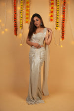Load image into Gallery viewer, Steel Grey Pearl-Embellished Draped Saree