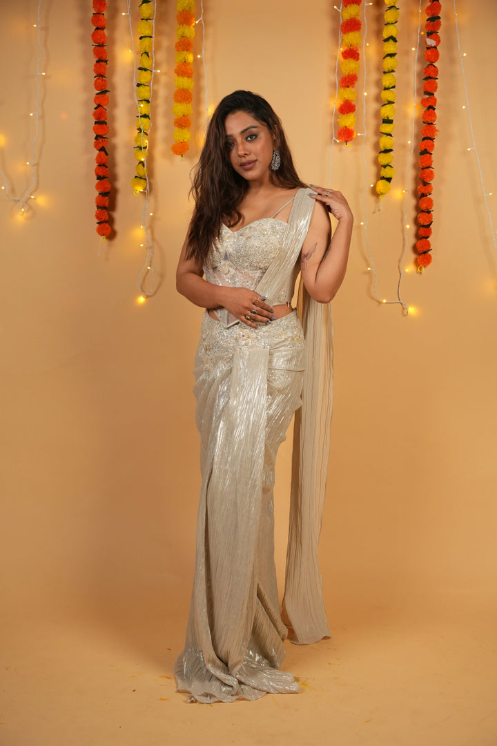 Steel Grey Pearl-Embellished Draped Saree