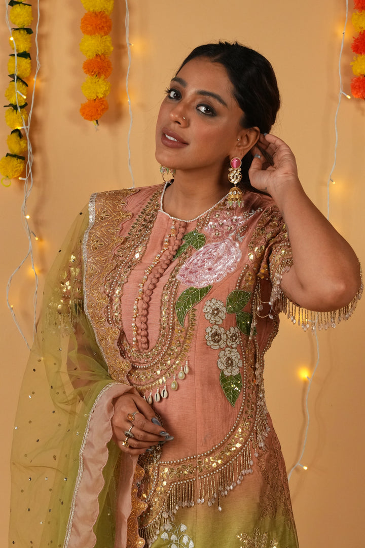 Green Raw Silk Embellished Dress with Satin Organza Bottom & Organza Dupatta