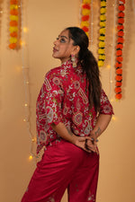 Load image into Gallery viewer, Red Raw Silk Embroidered Jacket–Bustier–Pant Set