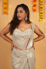 Load image into Gallery viewer, Steel Grey Pearl-Embellished Draped Saree