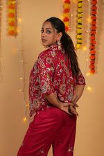 Load image into Gallery viewer, Red Raw Silk Embroidered Jacket–Bustier–Pant Set