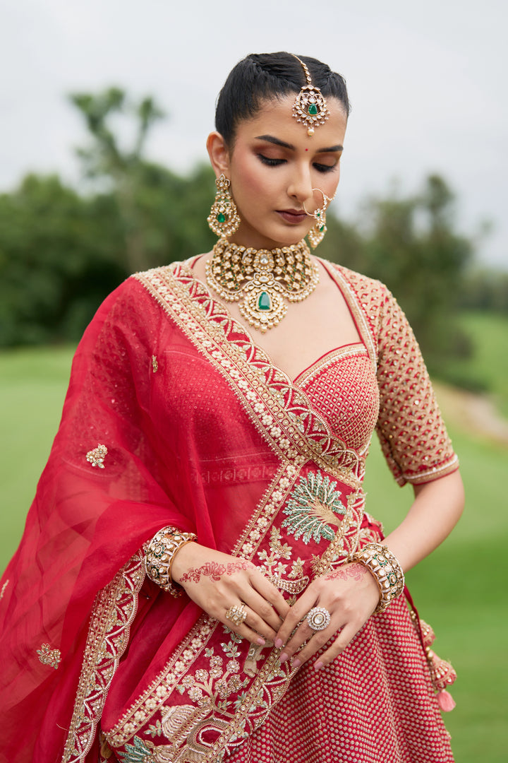 Raw Silk Hand-Embellished Lehenga Set with Organza Dupatta