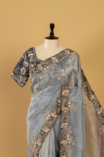 Load image into Gallery viewer, Blue ombare embroidered border paired with heavy blouse
