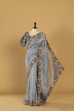 Load image into Gallery viewer, Blue ombare embroidered border paired with heavy blouse
