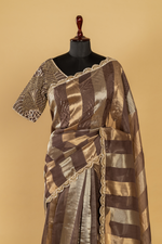 Load image into Gallery viewer, Brown Tissue Organza Saree paired with Stitched Embroidered Blouse
