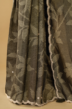 Load image into Gallery viewer, Carbon green bandhej tissue scallop border saree paired with heavy blouse
