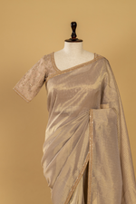 Load image into Gallery viewer, Chickoo Double tone banarasi weaving fabric paired with stitched blouse
