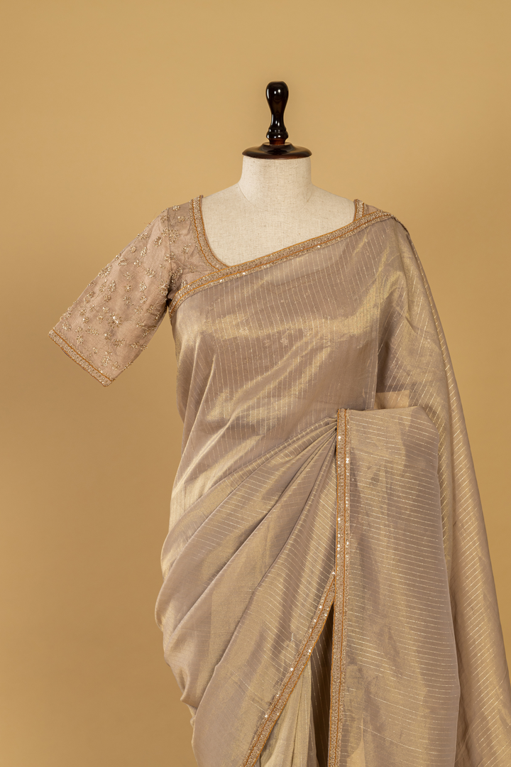 Chickoo Double tone banarasi weaving fabric paired with stitched blouse