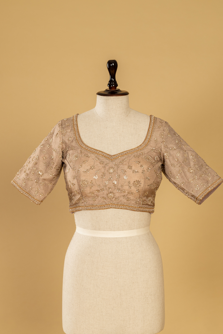 Chickoo Double tone banarasi weaving fabric paired with stitched blouse