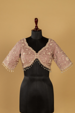Load image into Gallery viewer, Chickoo Tissue sequence embroidered saree paired with elbow sleeves blouse
