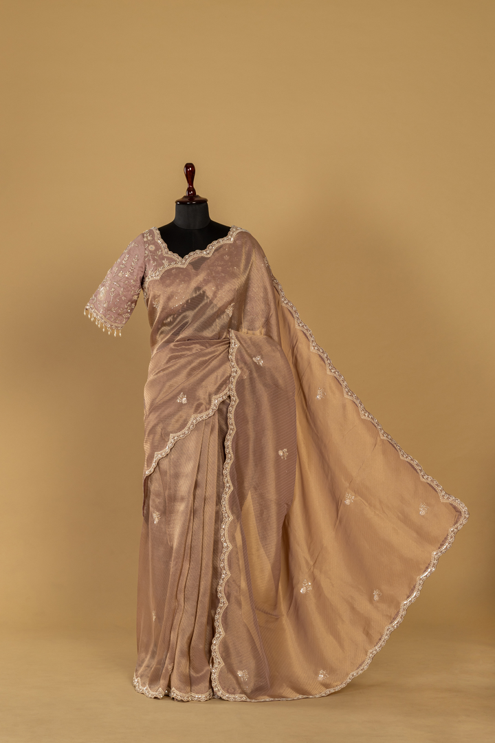 Chickoo Tissue sequence embroidered saree paired with elbow sleeves blouse