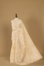 Load image into Gallery viewer, Cream organza lakhnavi embroidered saree paired with unstitched blouse
