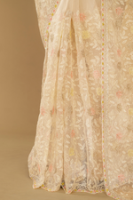 Load image into Gallery viewer, Cream organza lakhnavi embroidered saree paired with unstitched blouse
