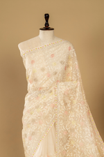 Load image into Gallery viewer, Cream organza lakhnavi embroidered saree paired with unstitched blouse
