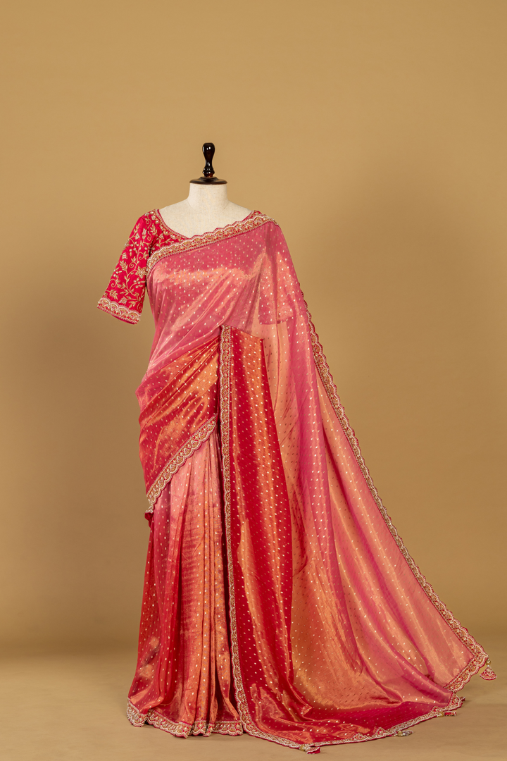 Fuscia pink ombrae banarasi tissue zardosi saree paired with stitched blouse