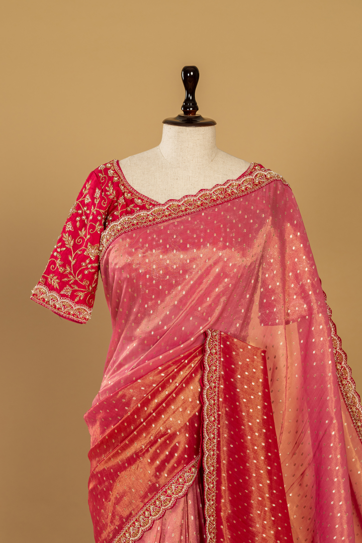 Fuscia pink ombrae banarasi tissue zardosi saree paired with stitched blouse