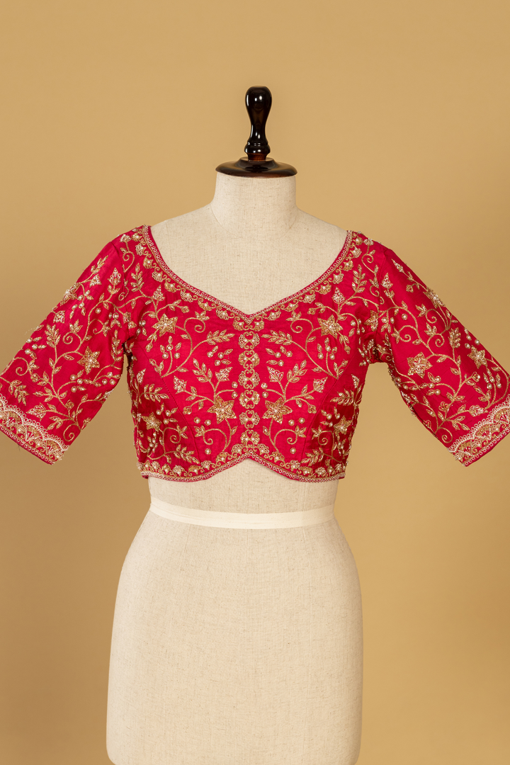 Fuscia pink ombrae banarasi tissue zardosi saree paired with stitched blouse