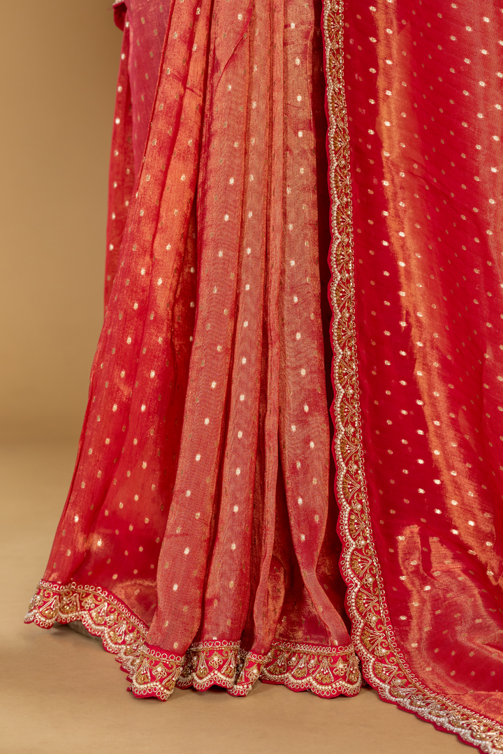 Fuscia pink ombrae banarasi tissue zardosi saree paired with stitched blouse