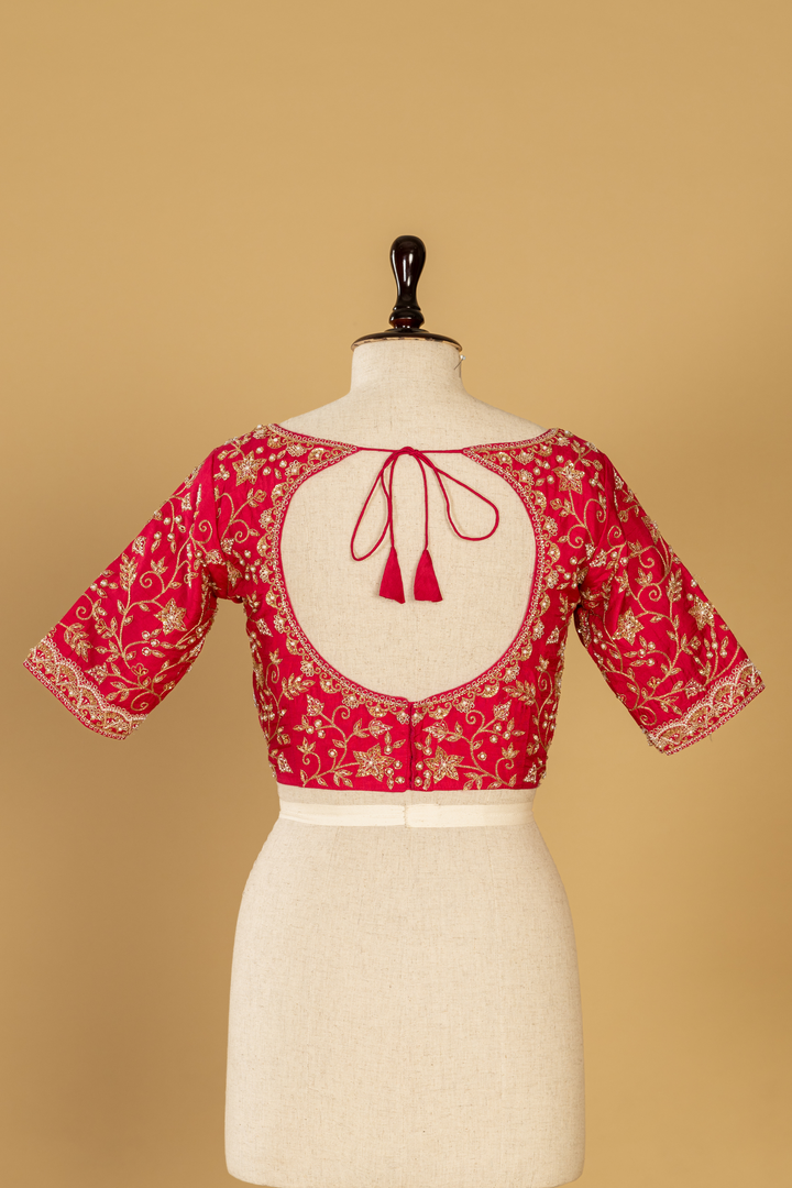 Fuscia pink ombrae banarasi tissue zardosi saree paired with stitched blouse