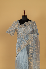 Load image into Gallery viewer, Greyish Blue Embroidered Tissue Saree
