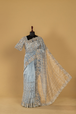 Load image into Gallery viewer, Greyish Blue Embroidered Tissue Saree
