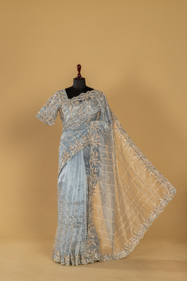 Greyish Blue Embroidered Tissue Saree