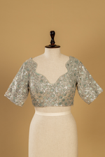 Load image into Gallery viewer, Greyish Blue Zari tissue sequence saree paired with stitched blouse
