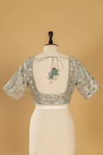 Load image into Gallery viewer, Greyish Blue Zari tissue sequence saree paired with stitched blouse
