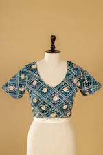 Load image into Gallery viewer, Ice Blue Abudai silk paired with bamdhani contrast blouse
