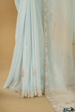 Load image into Gallery viewer, Ice Blue Abudai silk paired with bamdhani contrast blouse
