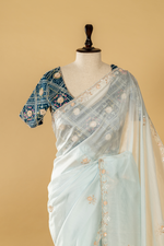 Load image into Gallery viewer, Ice Blue Abudai silk paired with bamdhani contrast blouse
