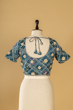 Load image into Gallery viewer, Ice Blue Abudai silk paired with bamdhani contrast blouse
